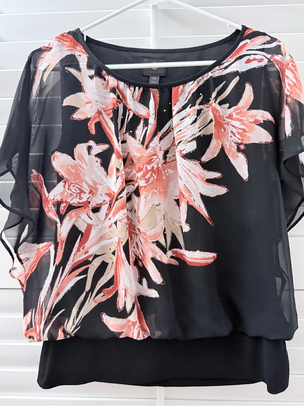 JM Collection Black Sheer Blouse with Coral and Cream Floral